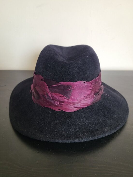 Eugenia Kim Bianca Fedora Black Rabbit Fur Hat Red Feathers